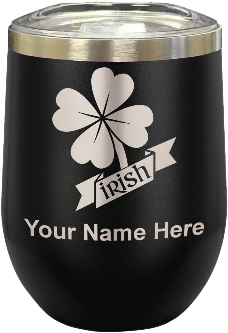 LaserGram 16oz Double Wall Stainless Steel Wine Glass Tumbler, Irish Clover, Personalized Engraving Included (Green)