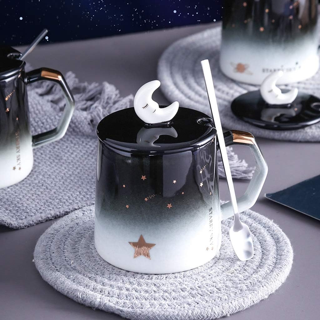 Coffee Cup 13.5oz Romantic Starry Sky Ceramic Mugs with Lid Silver Spoon Porcelain Coffee Milk Tea Cups Office Travel Cup for Women Lovers Friends Gifts Tea Cup