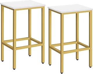 Bar Stools, Set of 2 Bar Chairs, Kitchen Breakfast Bar Stools with Footrest, 25.8-Inch Height, Rectangular Industrial Stools, for Dining Room, Easy Assembly, White and Gold BAJW0101