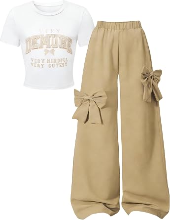 Girls 2 Pieces Outfits Graphic Letter Print Crop Top & Bow Wide-Leg Pants Girl Clothes Set 8-13