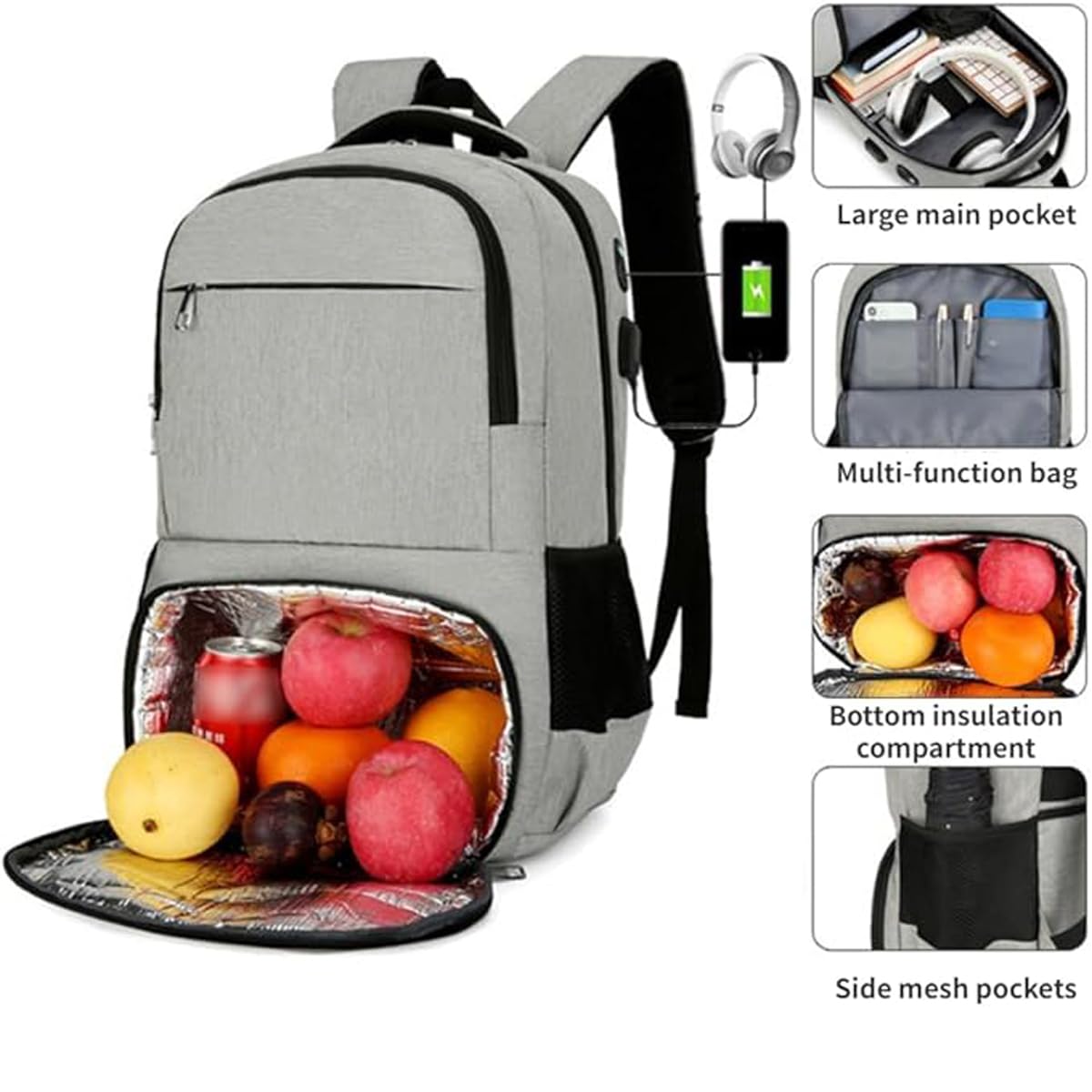 Zaino termico per pranzo da uomo e donna, zaino per il pranzo, zaino per computer portatile con porta di ricarica USB, zaino da viaggio con borsa termica