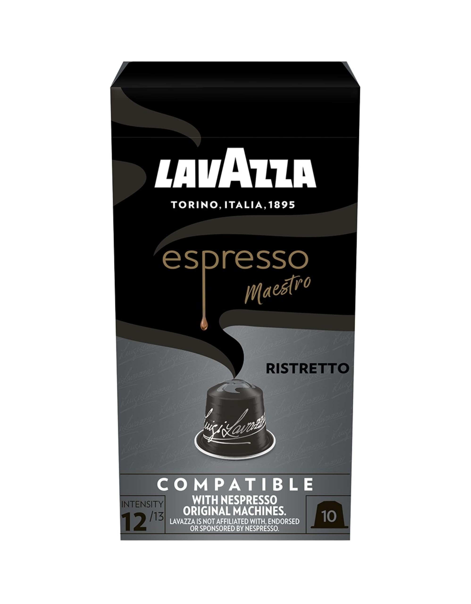 Lavazza, Espresso Maestro Ristretto, 10 Cápsulas de Café Compatibles con las Máquinas Nespresso* Original, Notas Aromáticas de Chocolate y Caramelo, Arábica y Robusta, Intensidad 12, Tueste Oscuro