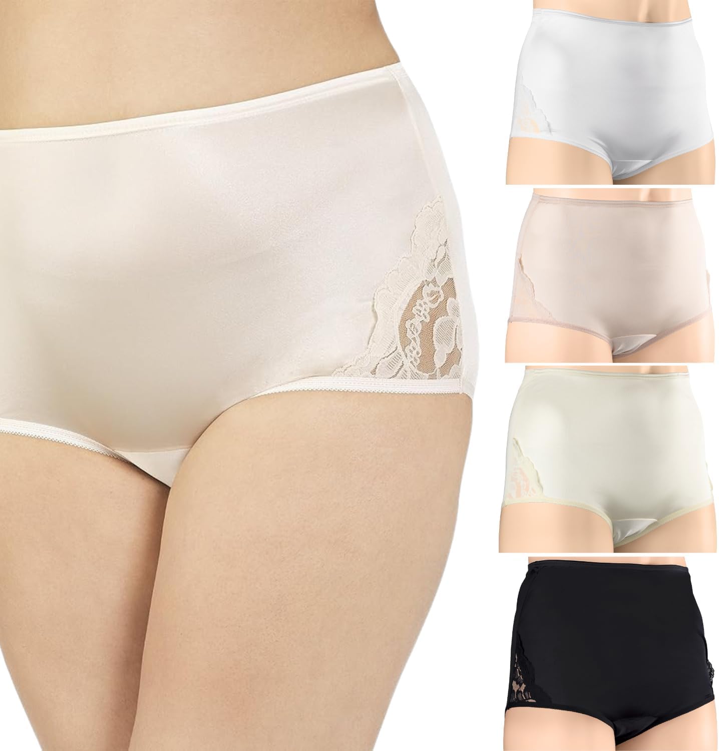 Premium Women's High Waisted Full Brief Nylon Panties with Lace Insets and Satin Finish – 4-Pack – Includes Dust Bag