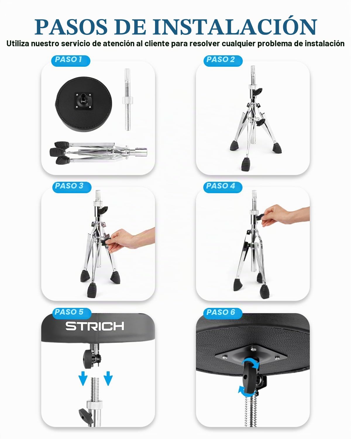 STRICH Drum Throne, taburete de tambor acolchado de altura ajustable, silla de tambor giratoria resistente, taburete acolchado de doble refuerzo con baquetas 5A, SDB-20