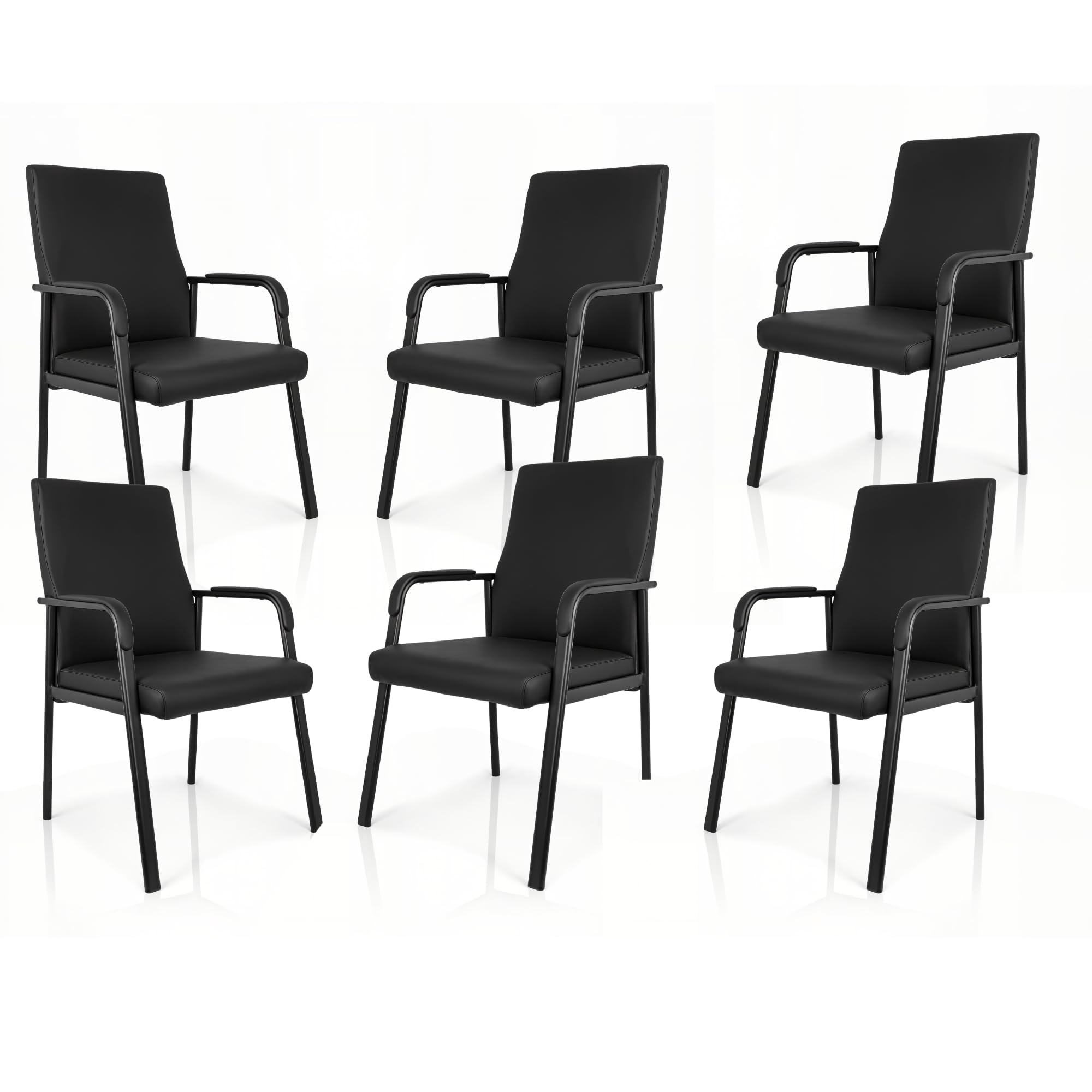 Leather Office Guest Chair, Guest Conference Room Chair, 600 LBS Capacity High Back Reception Chair with Padded Armrests, No Wheels, Black - 6 Pack