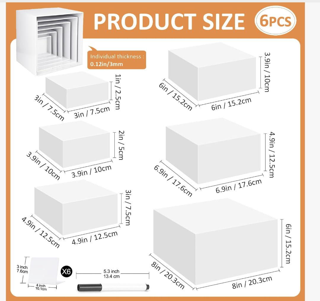 Lot de 6 présentoirs à gâteau en acrylique de 3", 4", 5", 6", 7", 8", pour table de buffet, présentoir à dessert avec fond creux, présentoir pour figurines, collectionneurs, bijoux et cupcakes