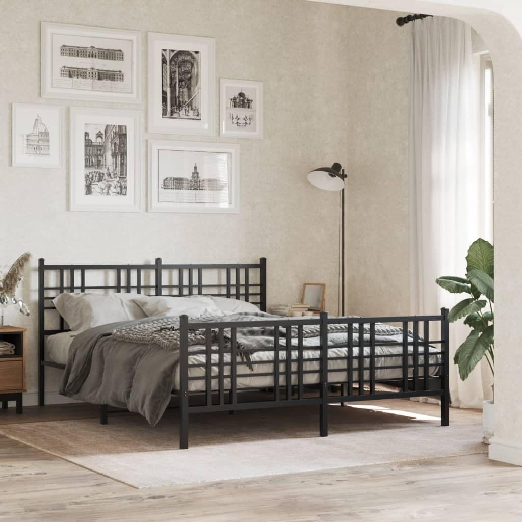 Black Steel Bed Frame 59 x 79 in Rectangular Sturdy Platform Foundation with Slatted Durable Heavy-Duty Design for Bedroom Mattress Support Easy-Assembly No-Box-Spring-Needed