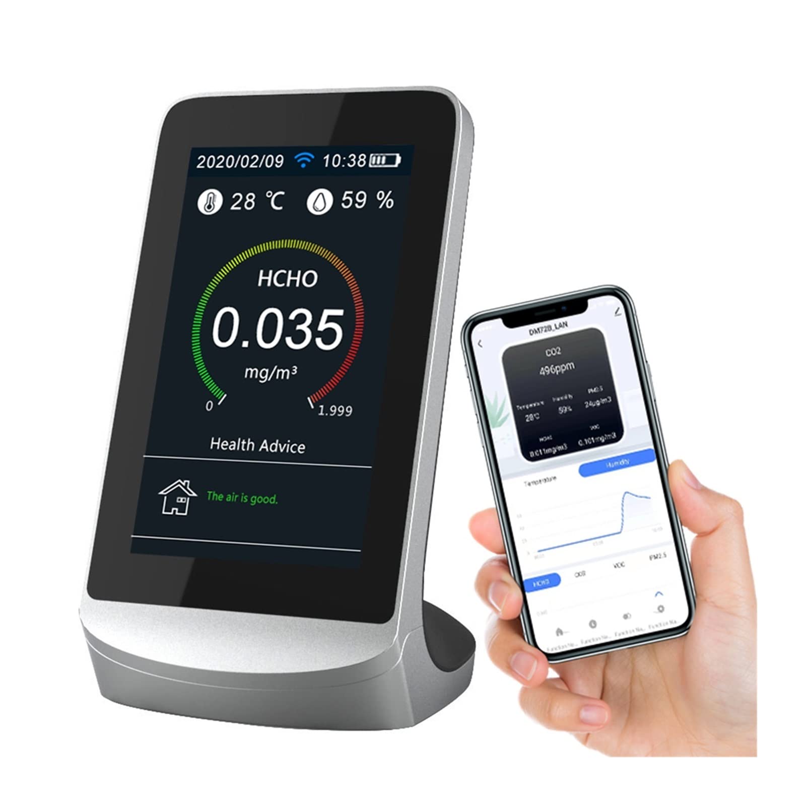 Détecteur De Qualité D'air 8 En 1 DM72B - Mesure PM2.5, CO2, COV, Humidité - Écran Avec Historique - Portable