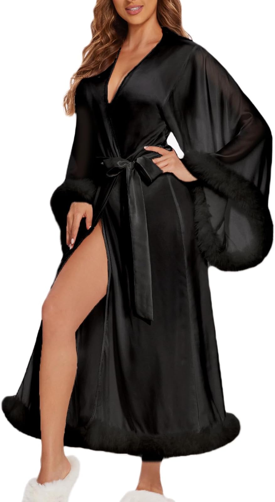 Women Sexy Feathers Collar Perspective Sheer Long Lingerie Robe Nightgown Bathrobe Pajamas Sleepwear