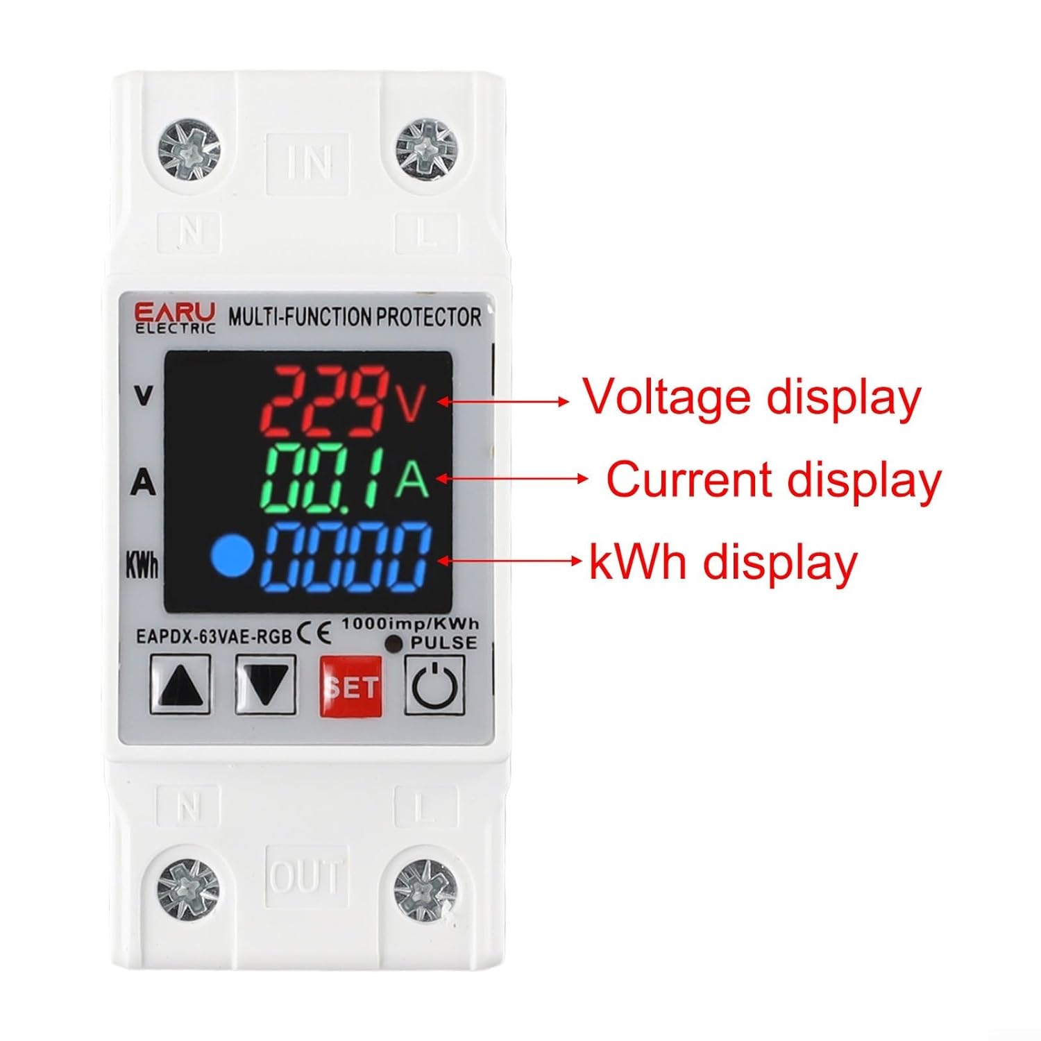 Protector Relay Adjustable Over Voltage Current Protective, 63A 230V 3IN1 Display Din Rail, Over Voltage Current Under Voltage Protective Protector Relay 220V KWH Red Blue