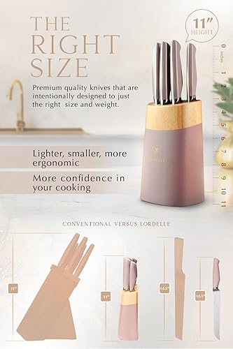 Miniatura 4 de LORDELLE - Juego de 5 bloques de cuchillos, color rosa palisandro, diseño de cocina para el hogar, acero inoxidable alemán X50, mango ABS, bloque de