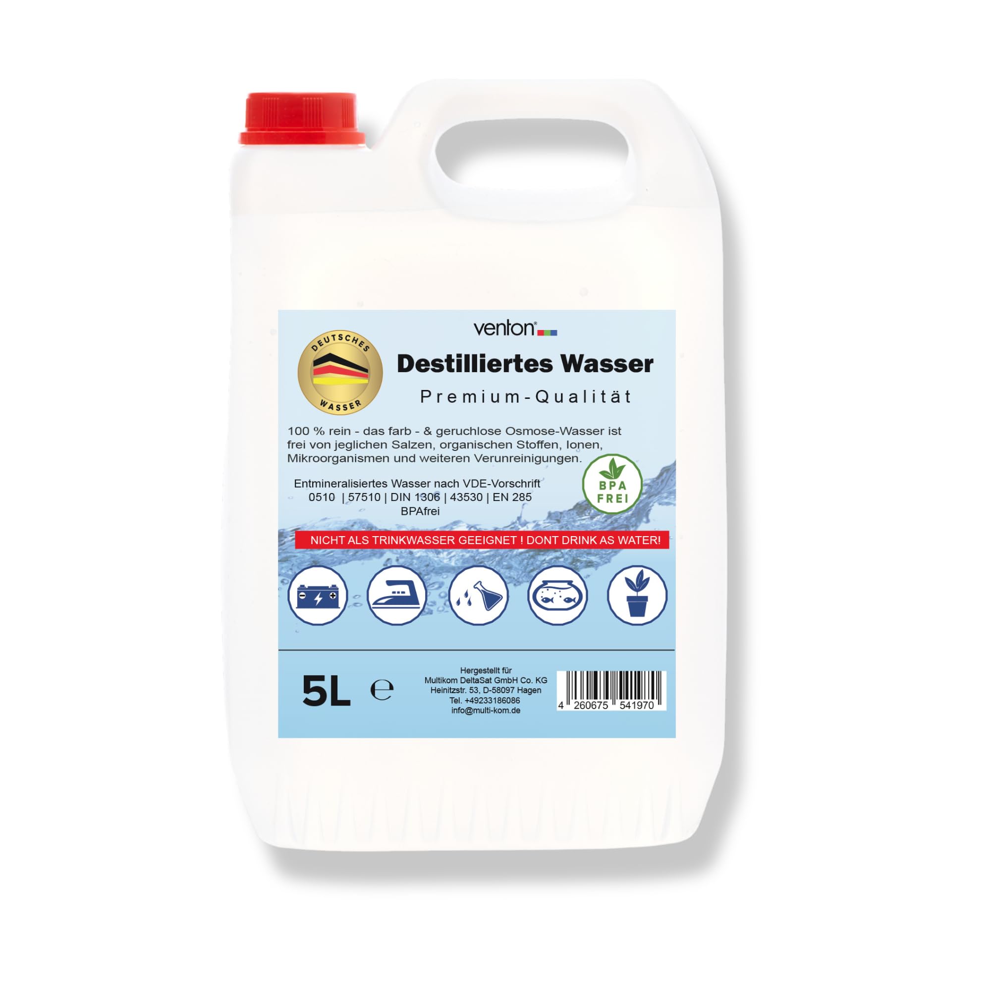 VENTON Agua destilada 5L I Desalinizada - Agua desmineralizada según VDE 0510 I Dest. Agua para el hogar, ocio, coche y laboratorio I Agua pura I Agua de laboratorio