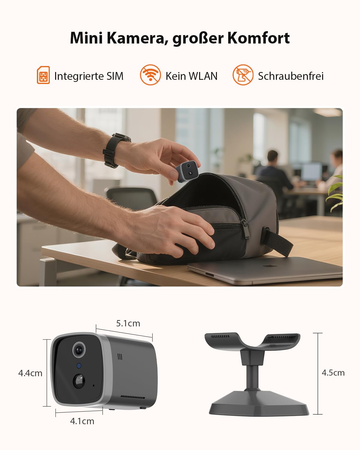 4G LTE Überwachungskamera Innen mit Daten-SIM-Karte, 2K Super HD Akku-Kamera, Mini Kamera ohne WLAN, PIR-Bewegungserkennung, 3MP Nachtsicht, 120° Weitwinkel, TF-/Cloud