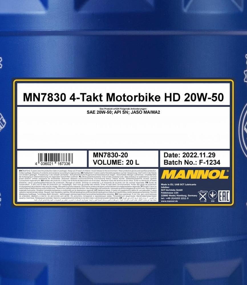 MANNOL Huile moteur 20W-50 API SN 4-Takt Motorbike HD 20 L Compatible avec BMW 3 Berline E30, NISSAN Qashqai/Qashqai +2 I J10, NJ10, HYUNDAI Tucson TL, TLE