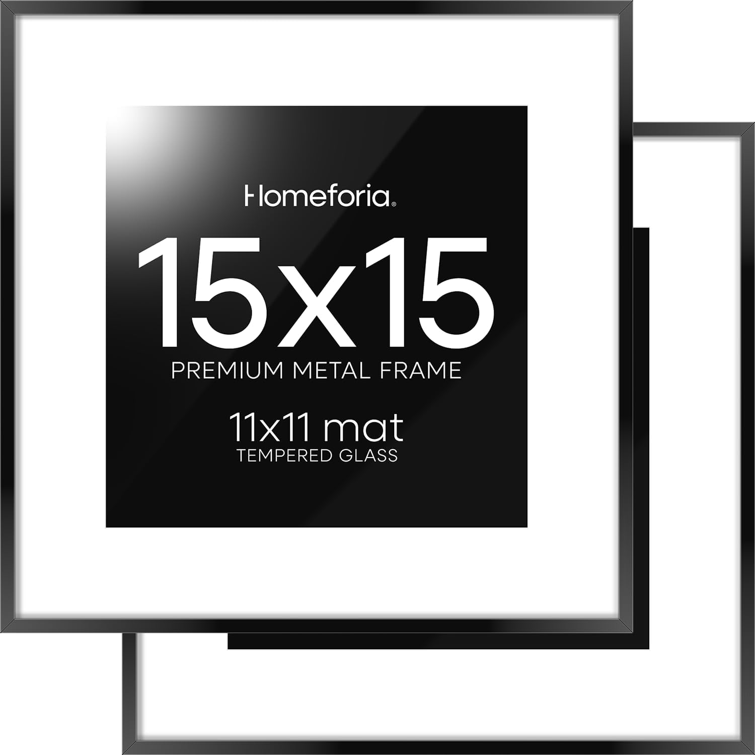 Homeforia 15x15 Picture Frame Black, High End Metal 15 x 15 Square Poster Frames with Mat 11 x 11 Photo, 15x15 Black Frame Matted to 11x11 Print, 15by15 Thin Frames, Tempered Glass, Wall Kit, Set of 2