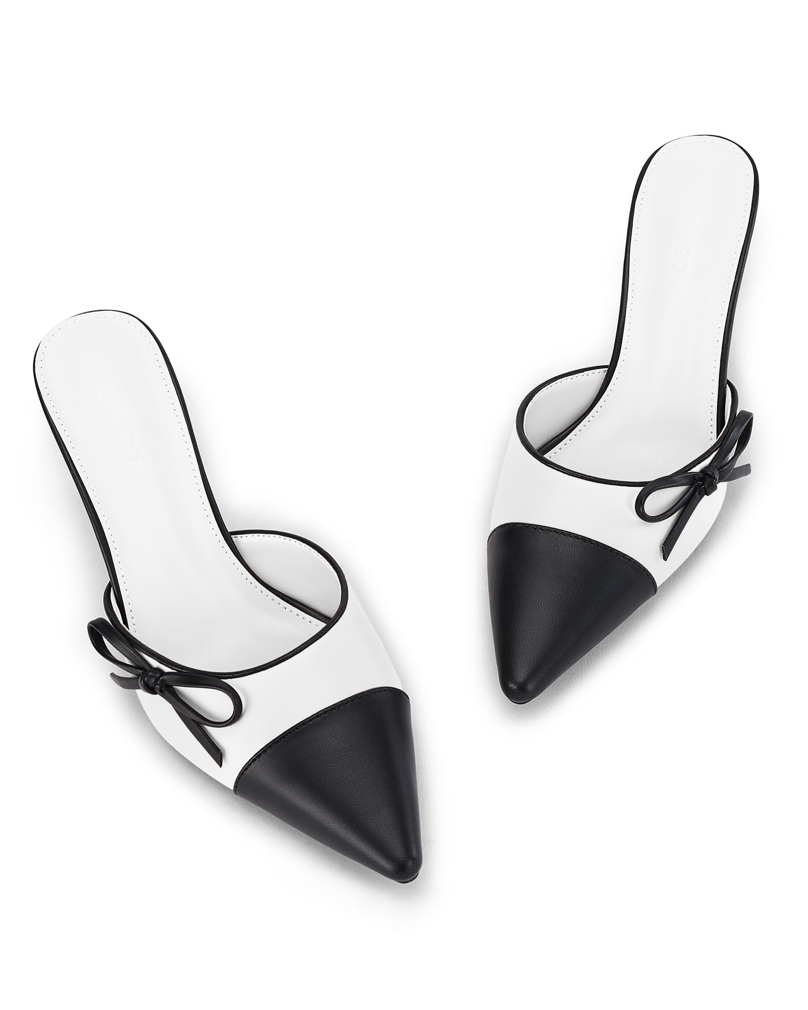 Coutgo Womens Bow Tie Mules Heels Two Tone Closed Pointed Toe Slip On Backless Wedding Dress Shoes Pumps