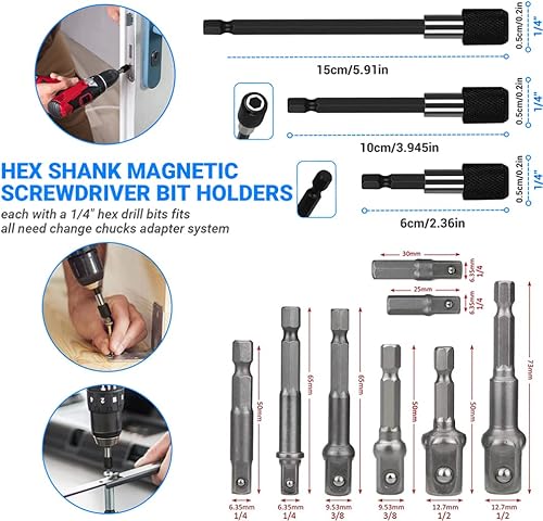 Miniatura 4 de Juego de 32 extensiones de brocas flexibles, adaptador de enchufe hexagonal giratorio de 14 38 12 pulgadas, accesorios de taladro de ángulo recto de