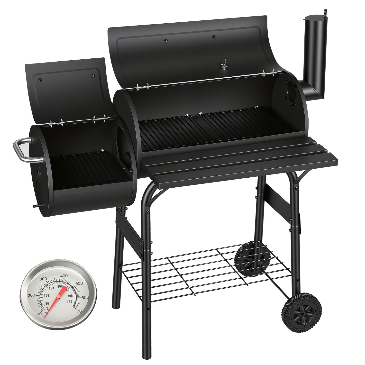 Barbecue a carbonella con 2 camere, carrello per barbecue con termometro, affumicatore per grigliare e affumicare indirettamente, barbecue da giardino con ripiani, nero