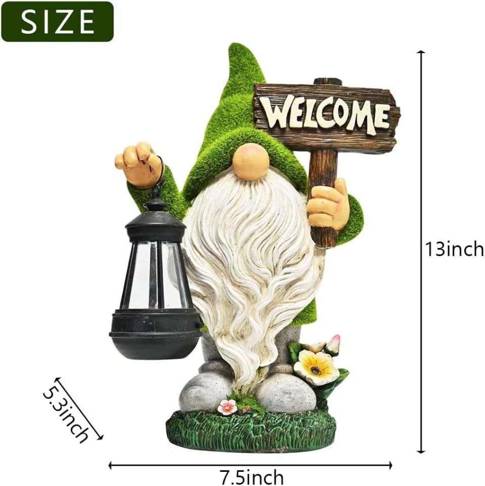 Garden Ornaments Outdoor, Funny Garden Gnome with Solar Lantern and Welcome Sign Solar Ornaments Gnome Figurine Gifts for Patio Lawn
