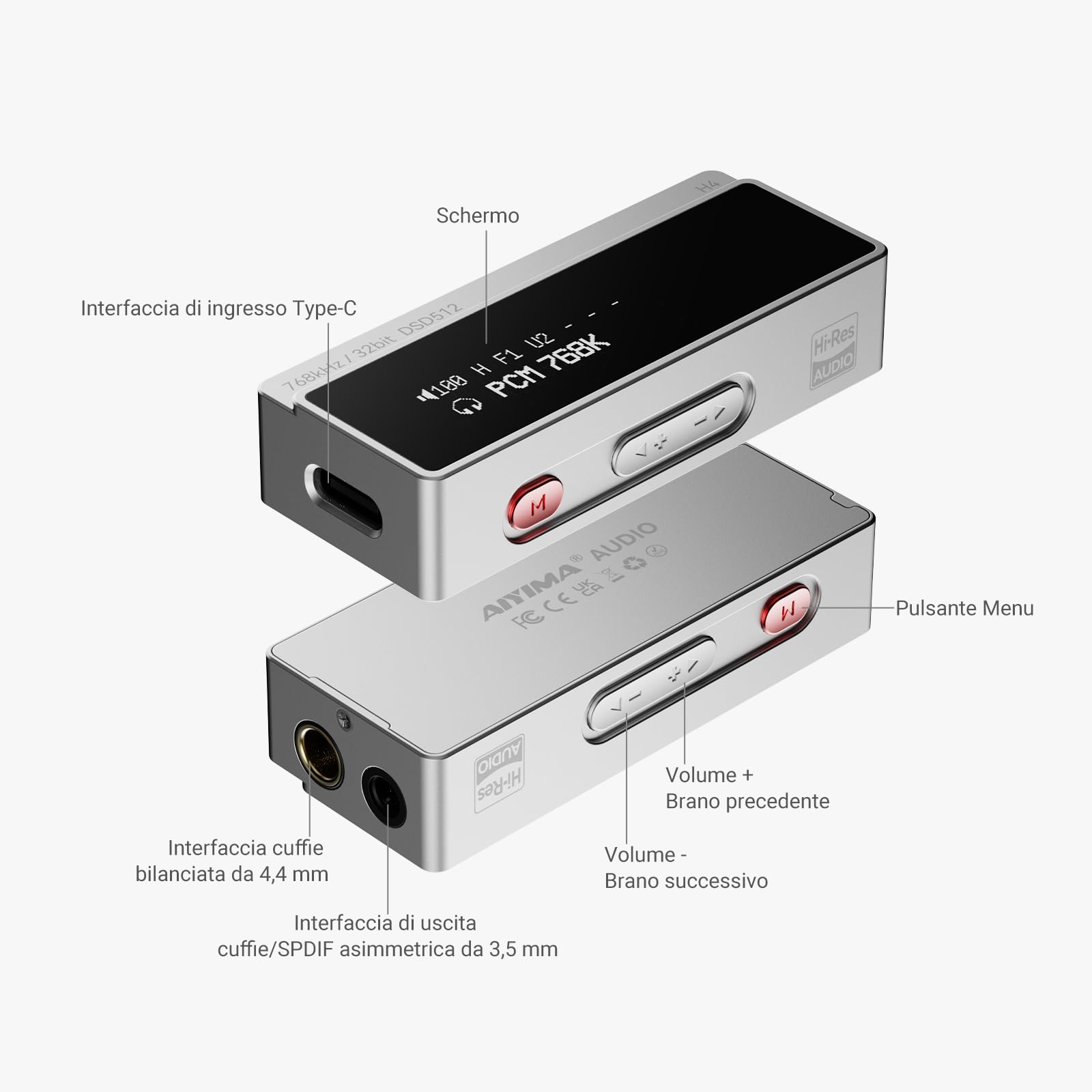 AIYIMA H4 amplificatore per cuffie DAC Hi-Fi portatile con USB-C, chip ES9039Q2M, doppia uscita cuffie (3,5 mm single-ended e 4,4 mm bilanciata), amplificatore DAC compatto con display per PS5/Switch