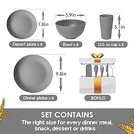 Teivio 32-Piece with Flatware Kitchen Plastic Wheat Straw Dinnerware Sets, Service for 8, Dinner Plates, Dessert Plate, Cereal Bowls, Cups, Unbreakable Plastic Outdoor Camping Dishes, Grey