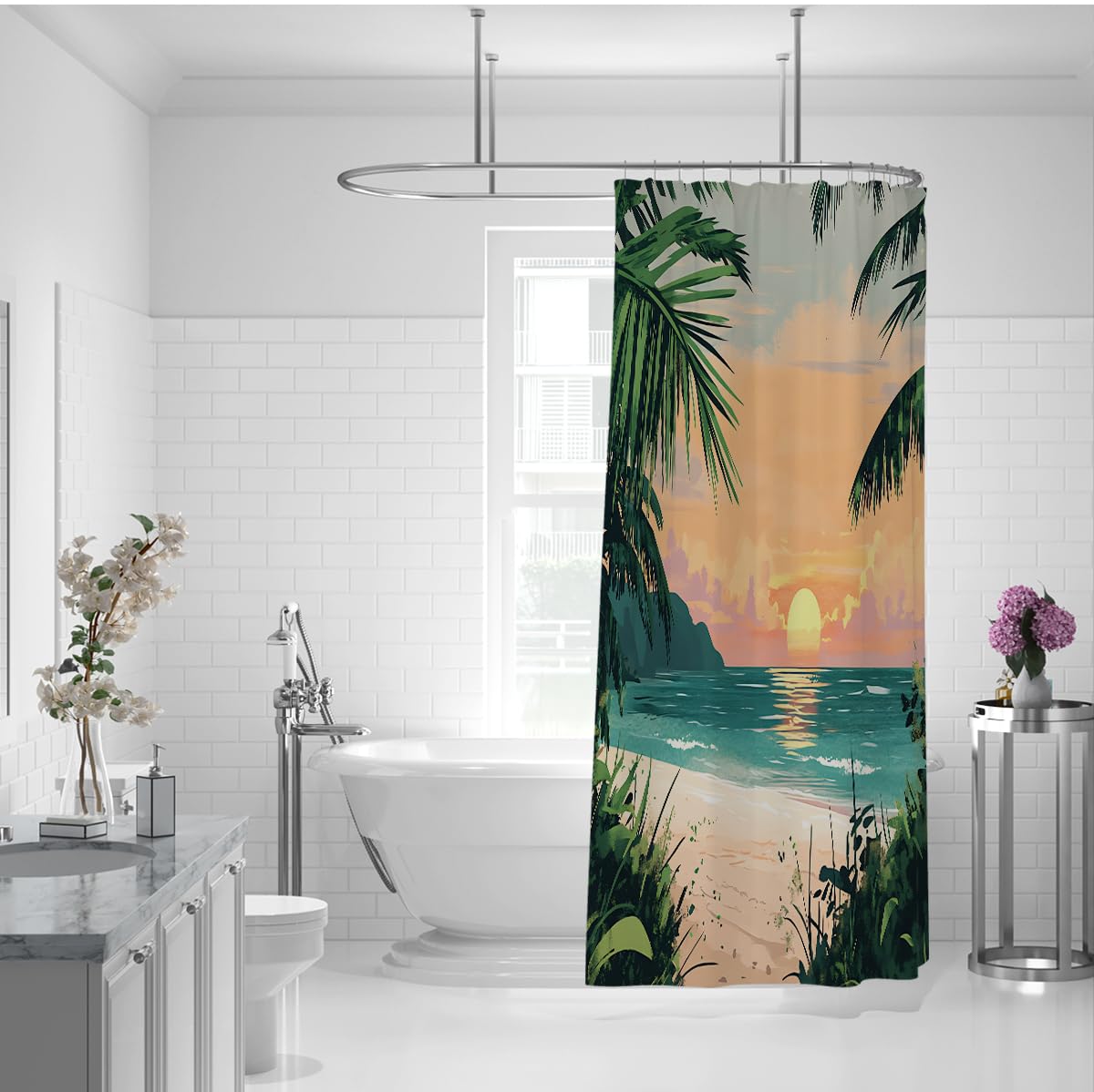 Rideau douche plage tropicale coucher soleil cocotier W220xL180 cm