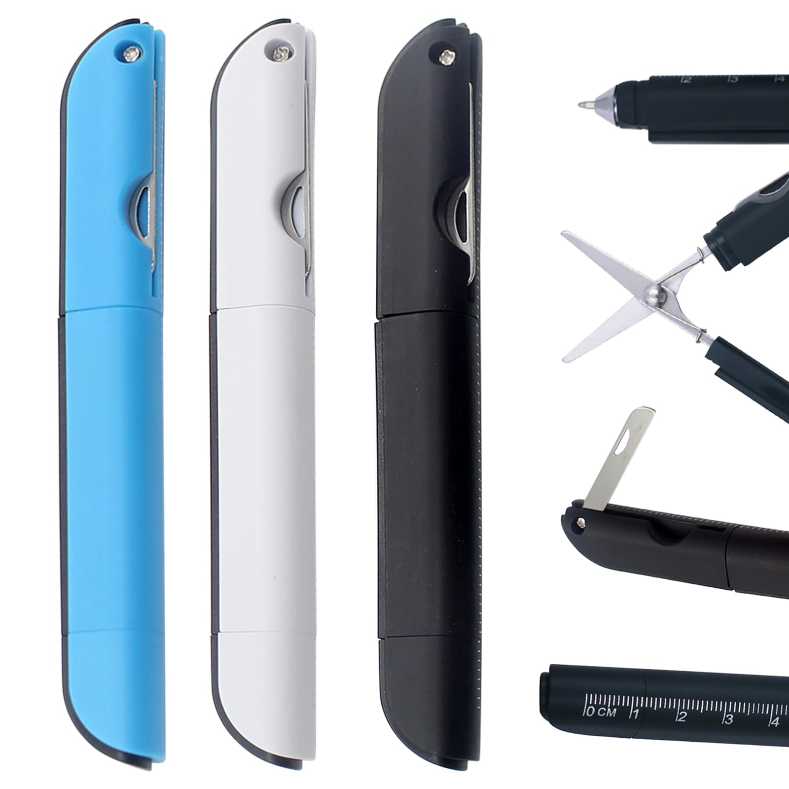 3Pcs Multi-Tool Pen with Scissors, Ruler, and Art Knife – Portable 4 in 1 Utility Pen for Travel and Daily Use