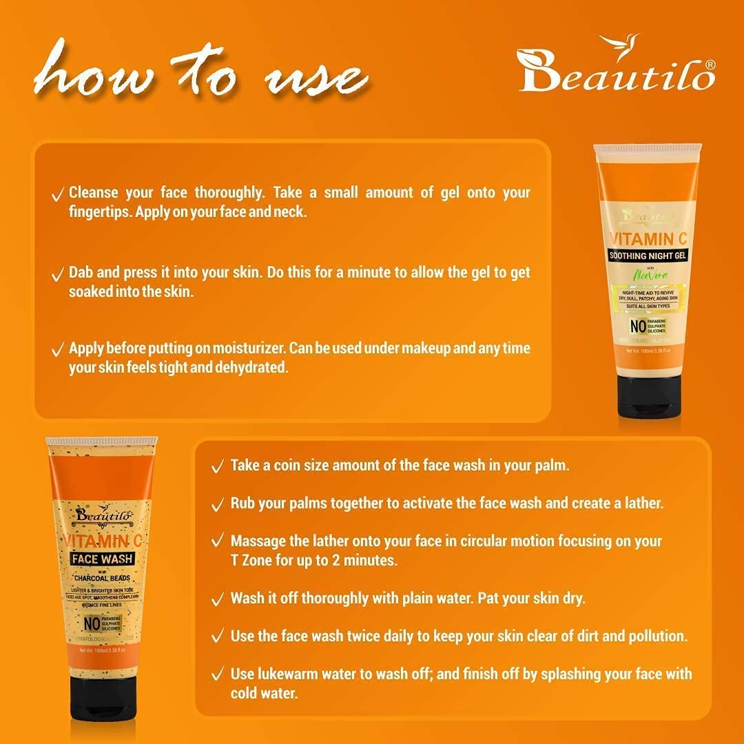 Beautilo Daily Fresh & Moisturizing Pack (witamina C do mycia twarzy z koralikami węglowymi i witaminą C, kojący żel na noc), 200 g (2 sztuki)