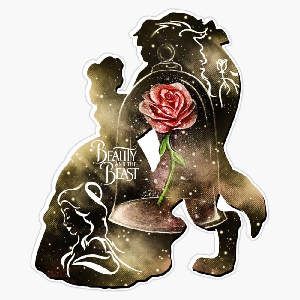 Beauty - Beast - Gold Red Rose Couple Romantic Magic Enchanted Love Bumper Sticker Vinyl Decal 5"