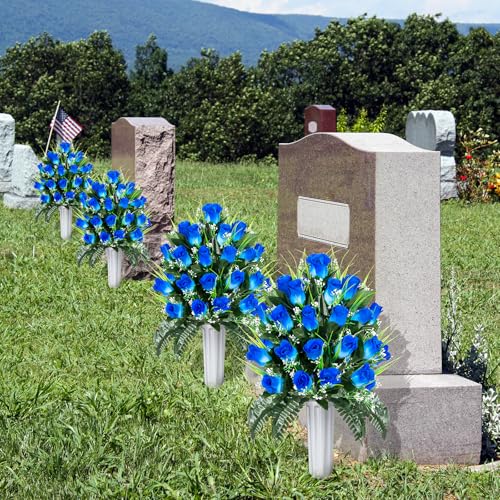 Artificial Cemetery Flowers, Grave Decorations Roses, Memorial Flowers Bouquet with Cemetery Vase, 2 Sets (Pure Blue) image 1
