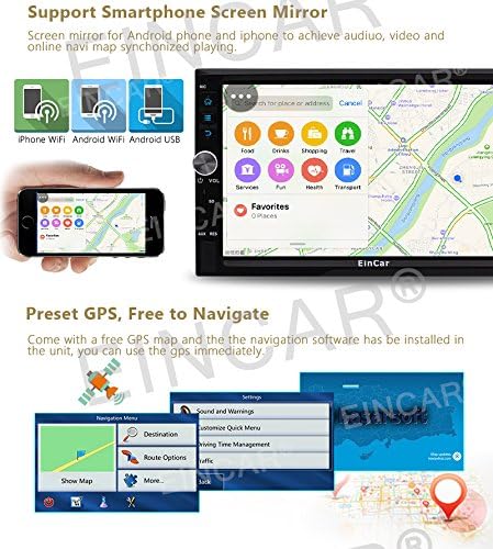 Eincar car stereo showing GPS navigation and phone mirroring