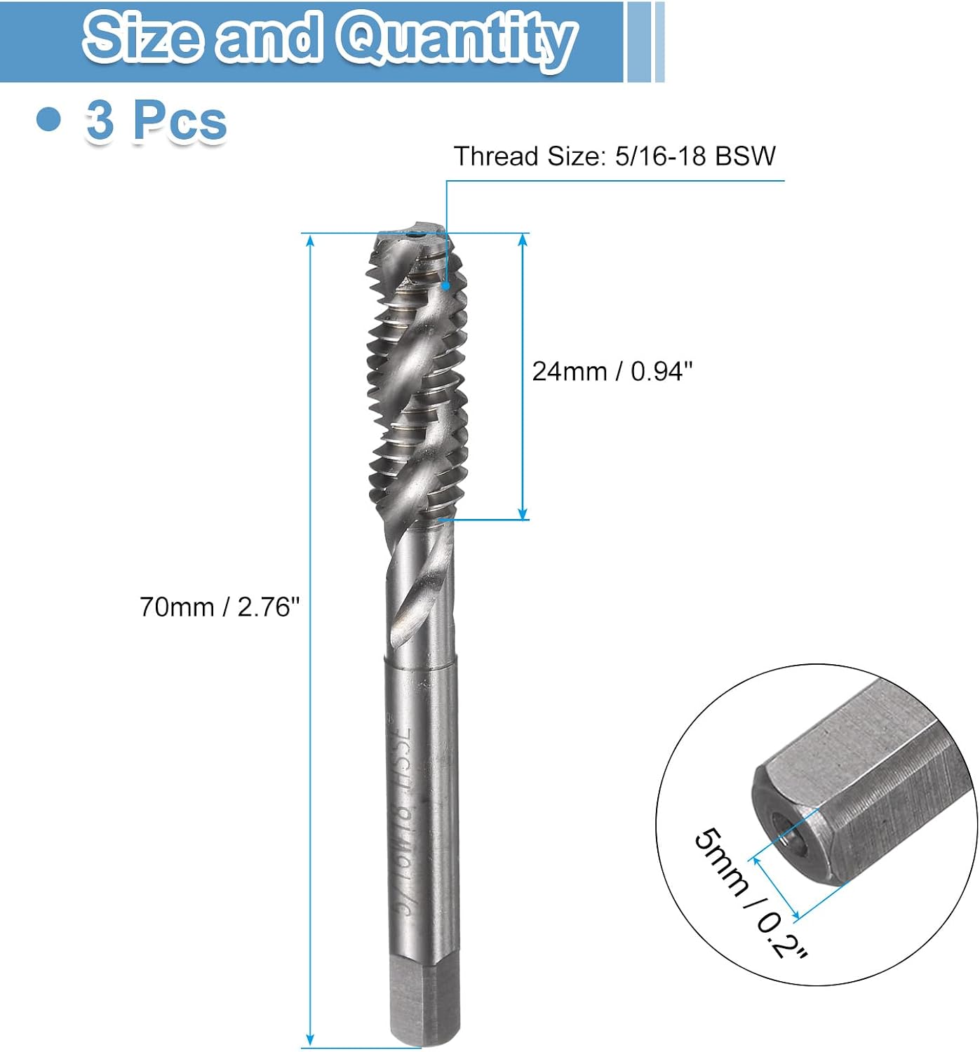 uxcell 3pcs Spiral Flute Thread Taps 5/16-18 BSW H2 Machine Threading Tap Bit, Uncoated Screw Tapping Repair Tool, M35 Cobalt High-Speed Steel (M35 HSS-CO)