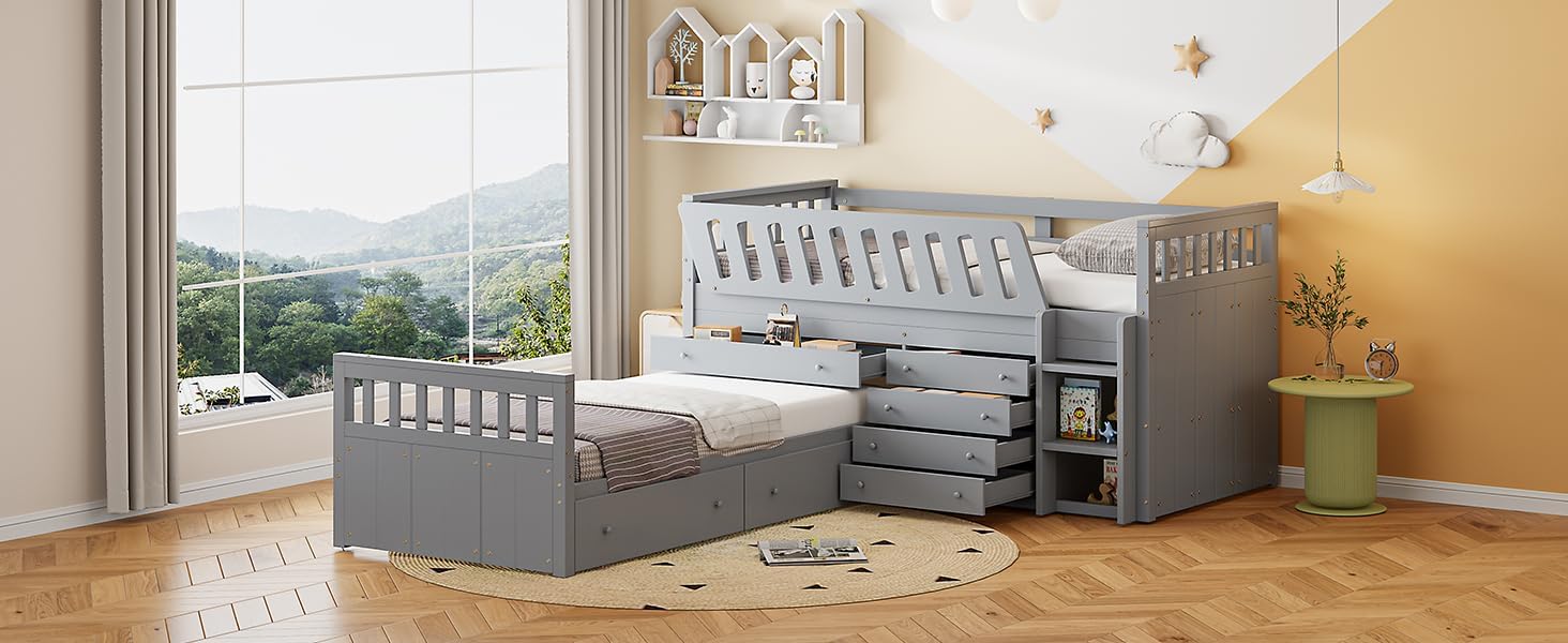 DEINPPA L Shaped 2 Twin Beds with Storage Drawers and Guardrails, Loft Irregular Bunk Bed, Wooden Bed Frame for Children Boys Girls -Grey