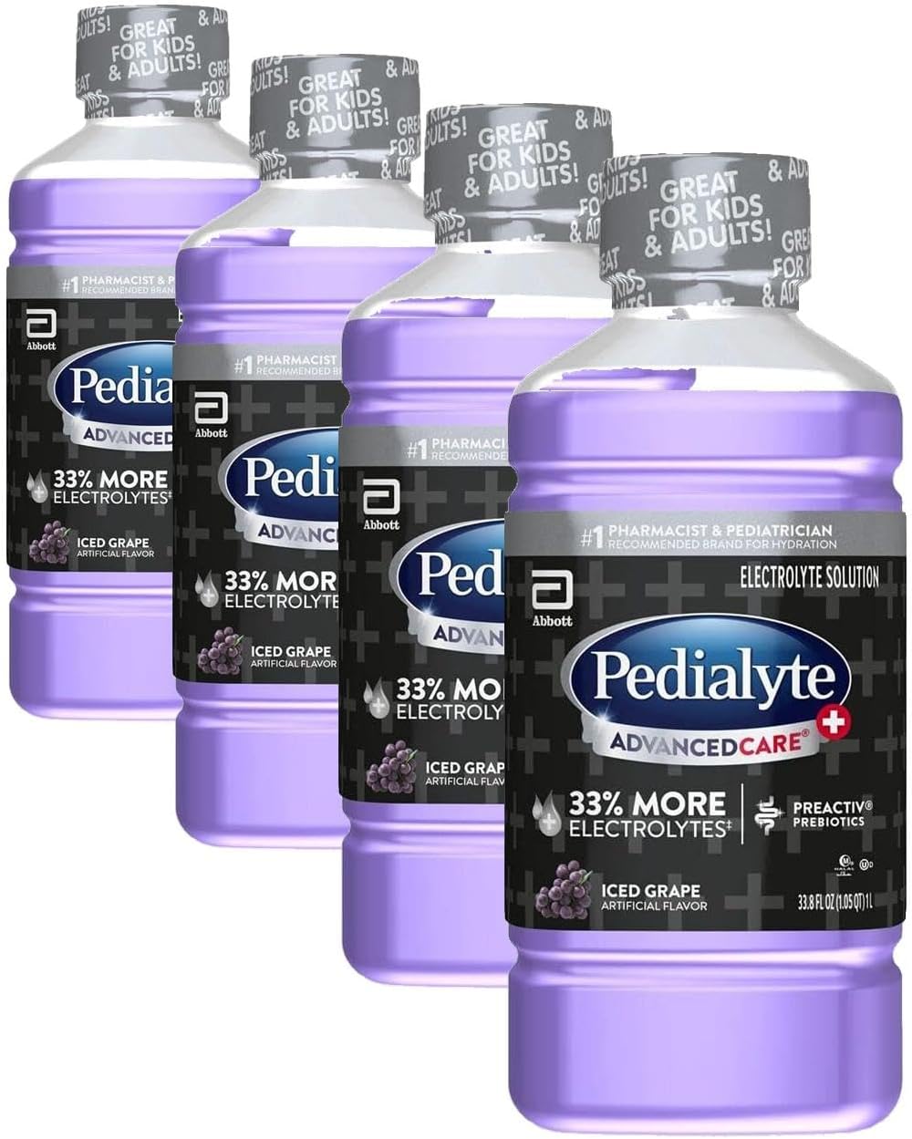 Pedialyte Advancedcare Plus Iced Grape Electrolyte Solution, 33.8 Fl Oz Bottle (Pack of 4)