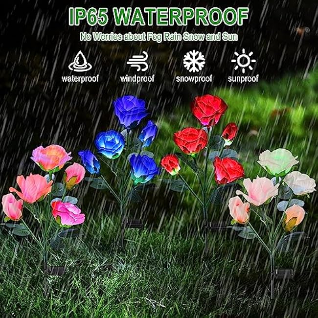 ANGMLN 4 Pack Solar Garden Lights, Solar Flower Lights Outdoor Waterproof with 20 Head Rose 7-Color Changing Landscape Light for Garden Yard Pathway Patio Grave Cemetery Decoration