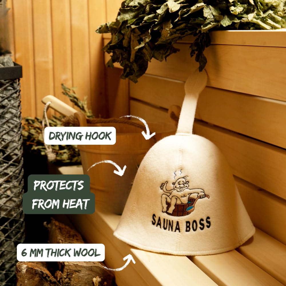 Saunahut 'Sauna Boss Bucket' White - 100% organische Wollfilzmützen - Schützen Sie Ihren Kopf vor Hitze - Englische Sauna E-Book Handbuch inklusiv - mit Stickerei