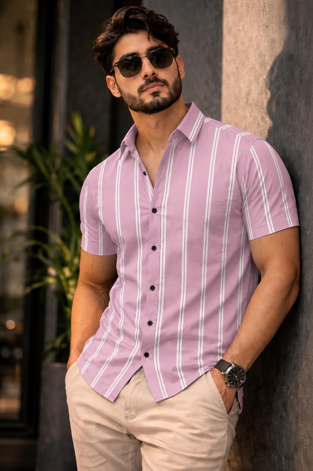 Men's Striped Slim Fit Half Sleeves Stratchable Printed Shirt, Casual Style-picture-52
