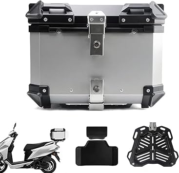 Waterproof Motorcycle Top Case 28L 45L 55L 65L 100L Aluminum Alloy Motorcycle Trunk Top Box Tour Tail Box With Backrest Universal Motorcycle Accessories Storage Carrier Case  Color Silver , Size