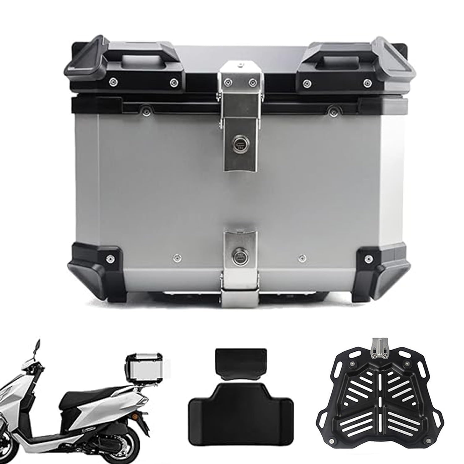 Étanche Top Case pour Moto 28L 45L 55L 65L 100L Coffre De Moto en Alliage D'aluminium Boîte De Queue De Tournée avec Dossier Universel Accessoires Moto (Color : Silver, Size : 100L)