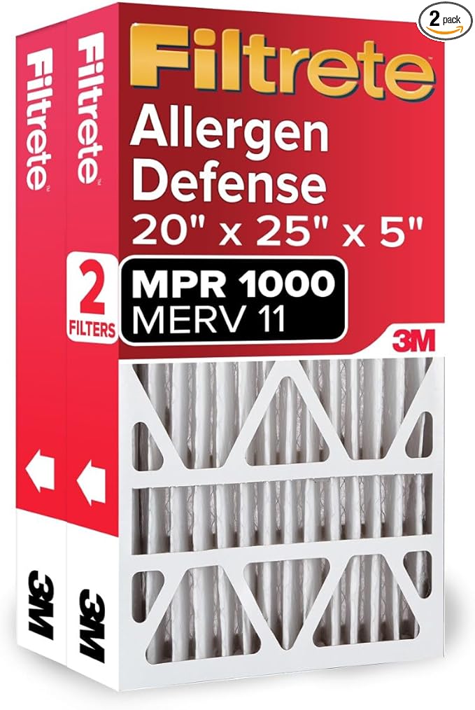 Filtrete 20x25x5 AC Furnace Air Filter, MPR 1000, MERV 11, Fits Lennox Devices, Allergen Defense, Electrostatic Air Cleaning Filter, 2-Pack (actual size 19.63 x 24.75 x 4.31 in)