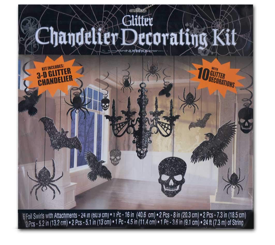 HEITMANN DECO Halloween Ceiling Hanger - 17-Piece Horror Spiders Skull Bats Ravens Chandelier Hanging Decoration - Black/Glitter