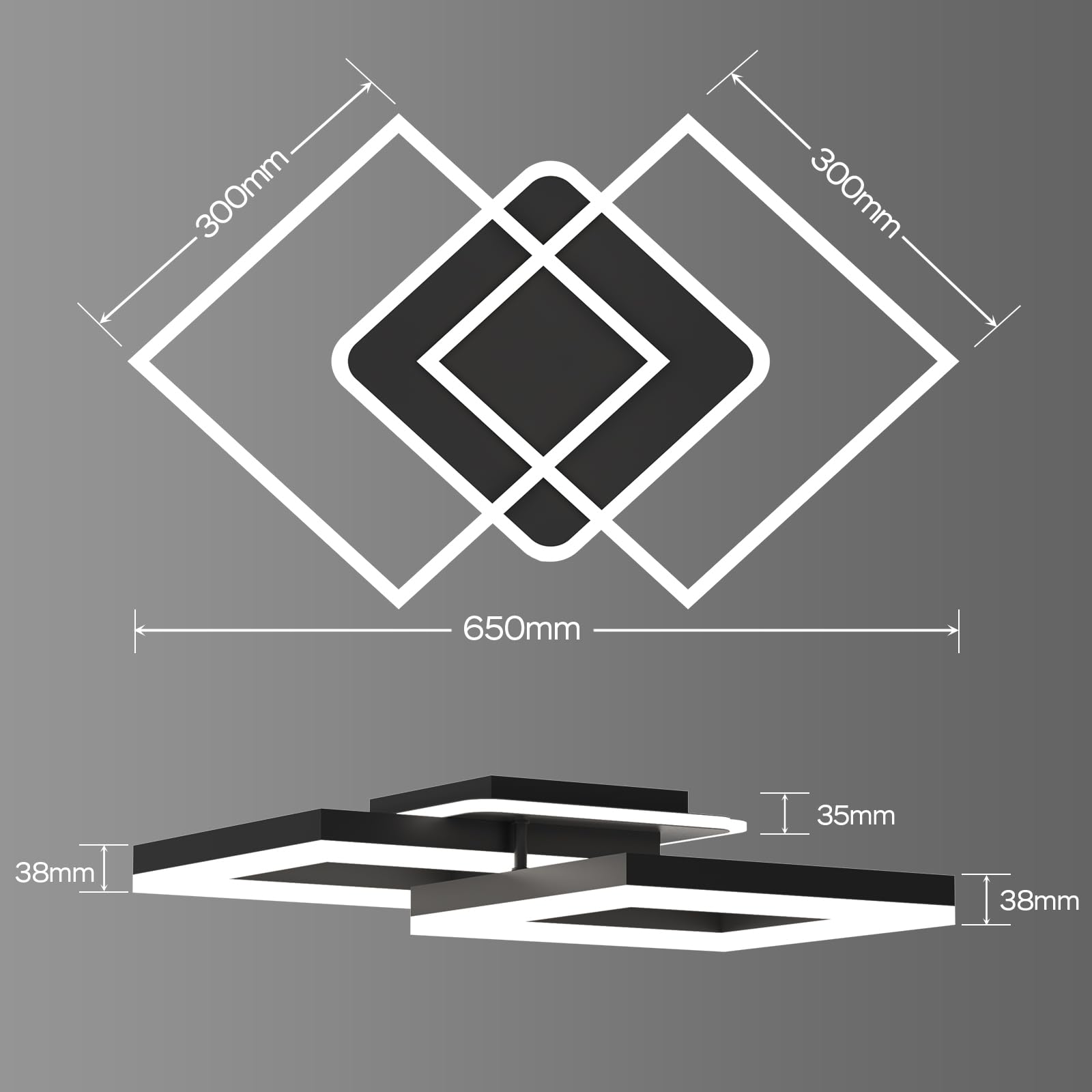 ANTENLICHT plafoniera led soffitto moderna plafoniera salotto Dimmerabile, 40W 3600LM Lampada da Soffitto, Funzione di Memoria, per Soggiorno, Camera da Letto, Sala da Pranzo, Nero 65x42x12cm