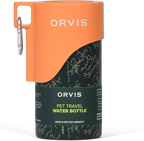 Orvis Botella de agua de viaje para perros, capacidad de 25 onzas, bebedero portátil para mascotas con cuenco integrado, acero inoxidable, tapa