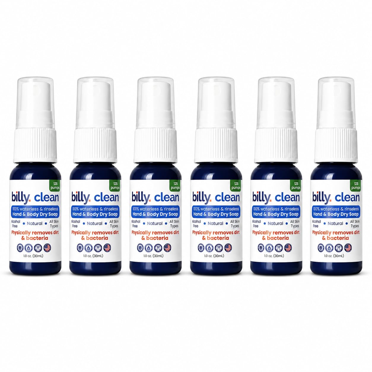 Billy Clean SprayNatural Dry Soap On-the-Go 6x1OZ pack-750 Pumps