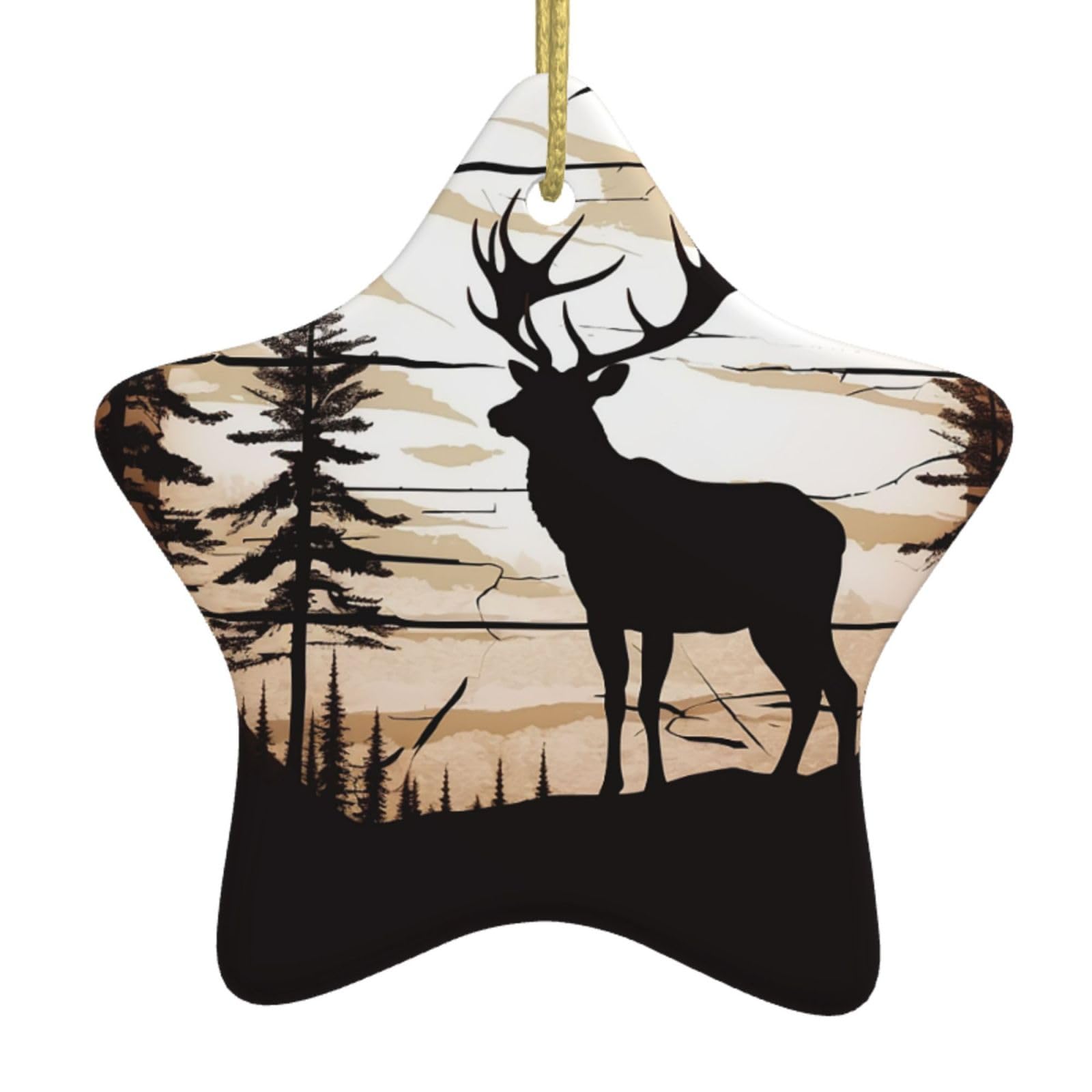 Ceramic Christmas Tree Hanging Ornaments with Gold Ropes Christmas Tree Decorations Star Ceramic Wild Elk Silhouette Pendant Keepsake Decorations for Holiday Xmas Gift Ideas