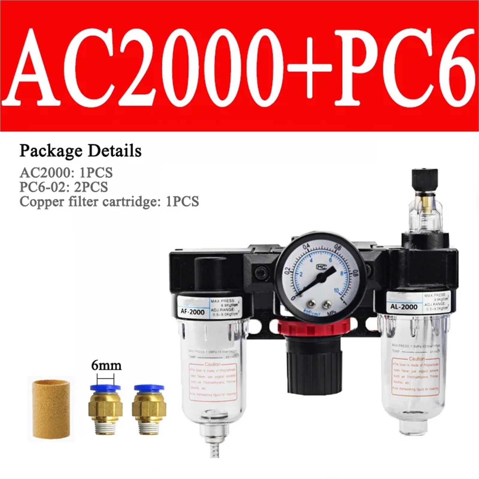 1 szt. AC2000 manometr 1/4" kompresor powietrza filtr oleju, separator wilgoci do filtrowania wody (AC2000-PC6-02)