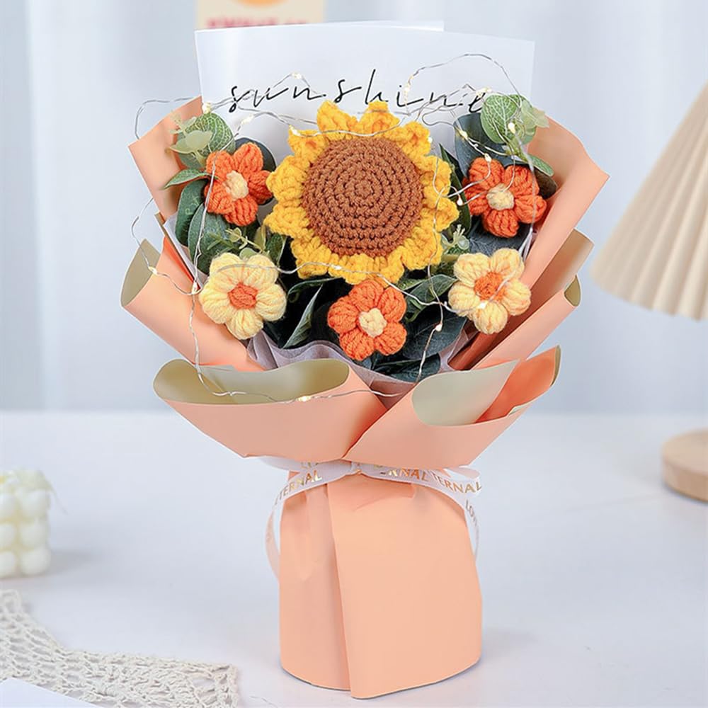 Bouquet de fleurs artificielles tissées main avec LED et sac cadeau