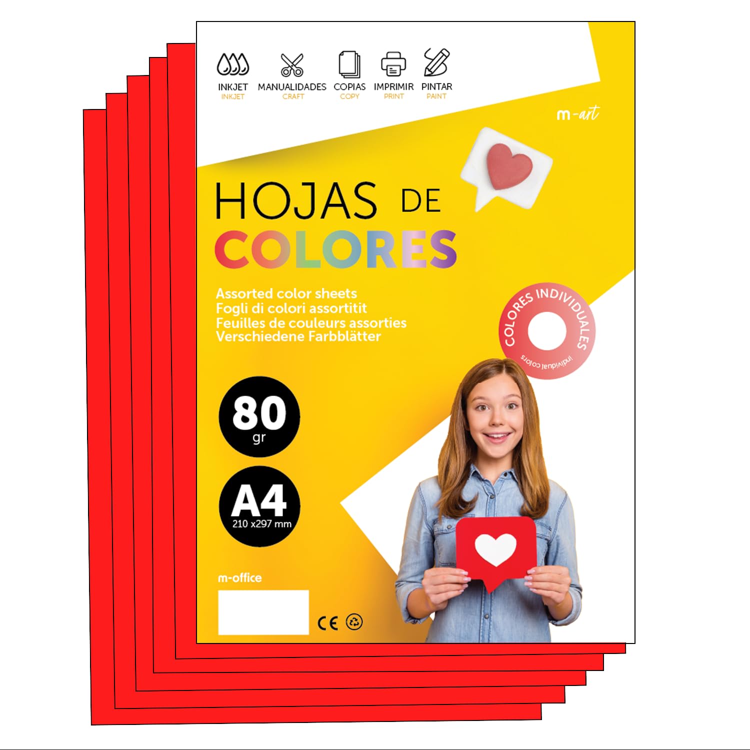 A4 80g Coloured Paper for Printers and Crafts, Assorted Paper for Children, Pack of Colours for Cards, School and Creative Projects · m-Office (100h, Red)