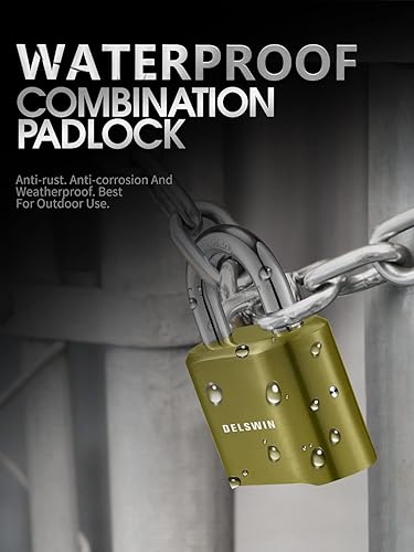 Miniatura 10 de DELSWIN Candado de combinación de 4 dígitos para exteriores, cerradura de casillero resistente con grillete de acero endurecido, cerradura combinada