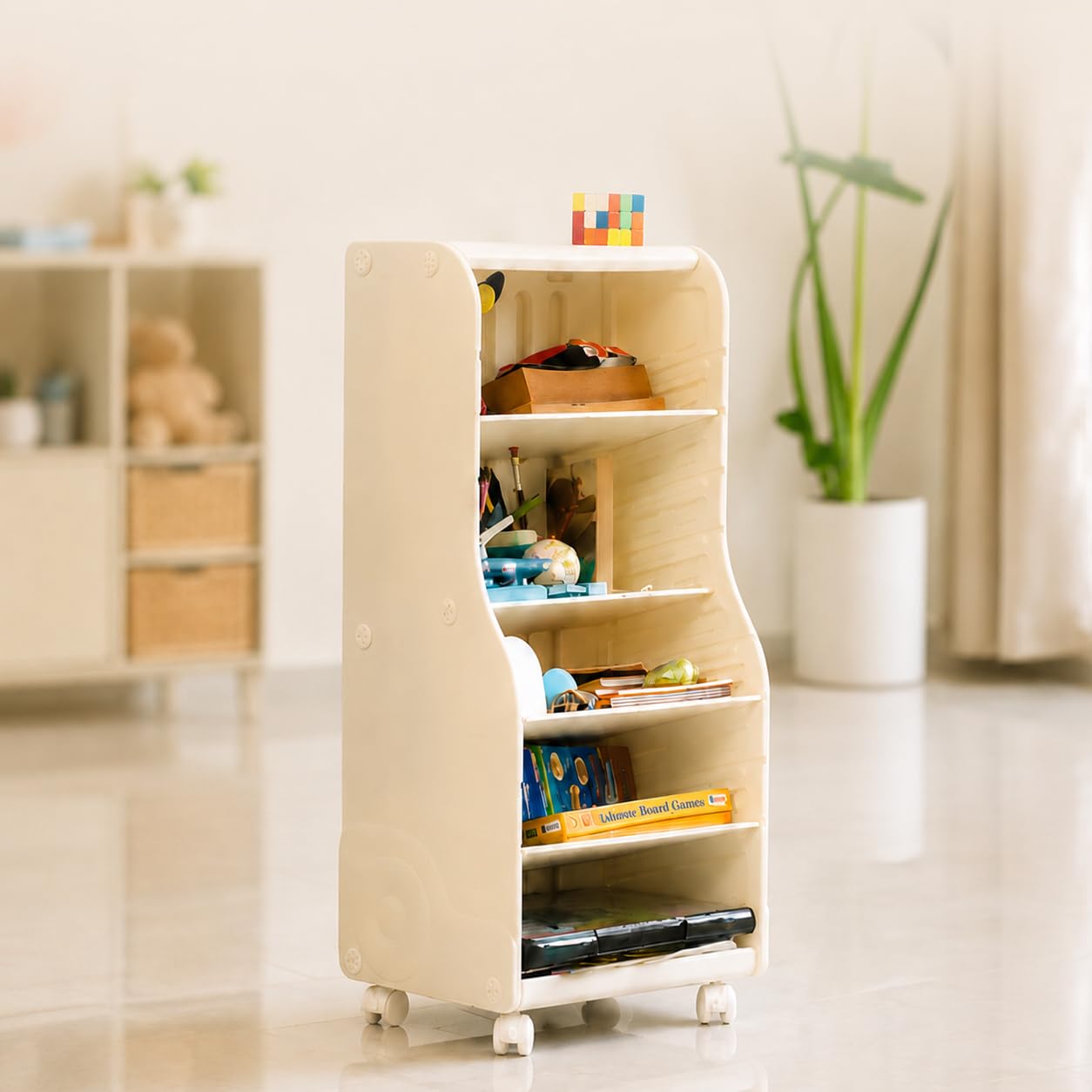 Minitue Rolo Kids Rolling Bookshelf and Organiser with Lockable Wheels | 360° Rotating Movable Bookshelf | Height Adjustable Shelves - Smart Design | DIY Front Facing and Rack Based Book Shelf-picture-10